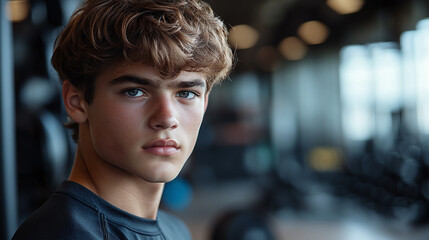 Closeup of a handsome young teenage boy, standing in a modern gym interior room with weights, looking at the camera. male adolescent training of working out indoors, strong young athlete portrait.