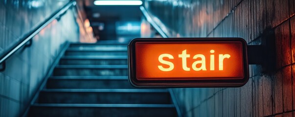 Illuminated Staircase Sign in Urban Subway Station with Modern Lighting and Architectural Elements at Night