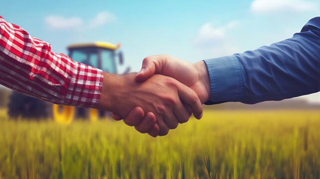 Agribusiness handshake deal agreement with tractor and agricultural farmland plantation partnership investment contract, collaboration, negotiation in agro business market - Powered by Adobe