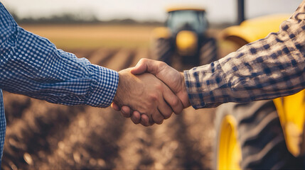 Agribusiness handshake deal agreement with tractor and agricultural farmland plantation partnership investment contract, collaboration, negotiation in agro business market