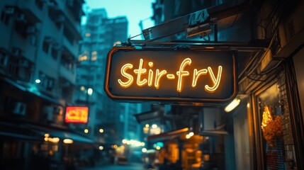 Vibrant Neon Stir-Fry Sign Illuminating a Bustling Urban Street Scene at Dusk Amidst Tall Buildings Reflecting a Blend of Modern and Traditional Aesthetics