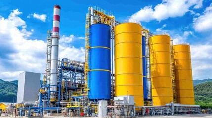 Industrial Facility with Colorful Tanks and Smokestack in Bright Daylight