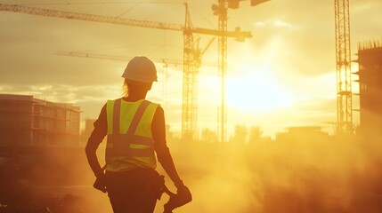 Worker in Bright Safety Vest and Helmet at Construction Site with Urban Background
