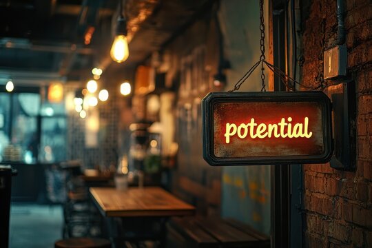 Illuminating Message of Potential Glowing in a Cozy Industrial Cafe Setting Highlighting Urban Culture, Ambiance, and Aesthetic Design Elements