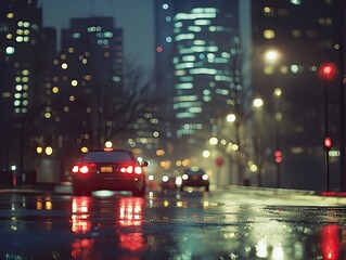 Rainy night city drive with car lights and blurry buildings in the background