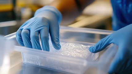 A medium closeup of a surgical team members gloved hands gently placing a biodegradable medical device into a sterile container with the focus on the delicate nature of the device and