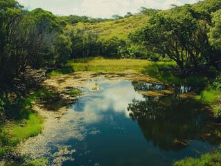 A serene pond nestled within lush green hills reflects the cloudy sky above