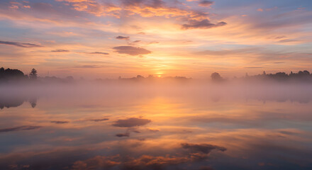 Golden clouds reflecting the first rays of sunrise over a tranquil, misty lake