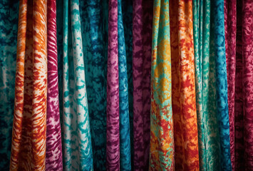 Curtains with a tie-dye effect, vibrant and psychedelic, creating a retro and groovy vibe