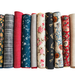 colorful fabric samples in a row isolated on transparent white background, clipping path