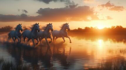 Majestic white horses gallop through a tranquil sunset scene.