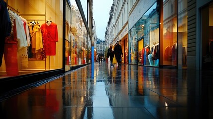 Rainy day reflections on a Parisian shopping street with vibrant displays