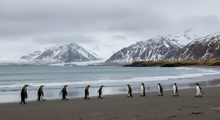 King Penguins March Along A Snowy Beach