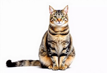 Fototapeta premium Adorable Tabby Cat Sitting on White Background