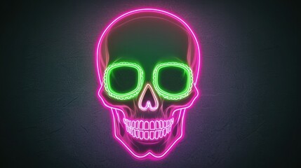 Neon Skull Art with Green and Pink Lights on Dark Background