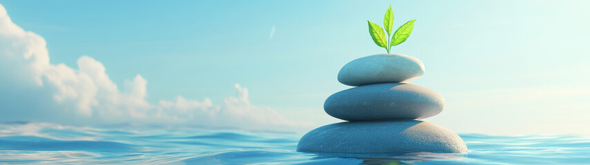 Fototapeta premium A serene image of stacked stones in water, topped with a green sprout, symbolizing growth, balance, and tranquility in nature.