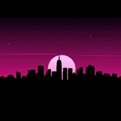 Vibrant city skyline silhouette at sunset with large sun and colorful sky skyline silhouette 