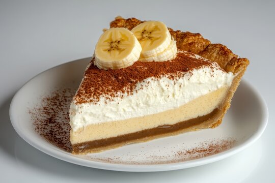 Delicious banana cream pie slice topped with fresh banana and cocoa powder on white plate