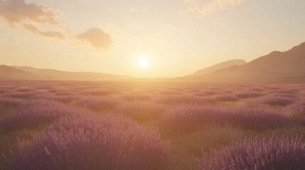 Fototapeta premium A breathtaking field of blooming lavender stretching into the horizon under a golden sunset.