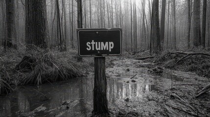 Sign labeled "stump" standing amidst a serene forest landscape with tall trees and reflective water, conveying a mysterious and tranquil atmosphere.
