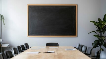 Empty conference room with large blackboard.