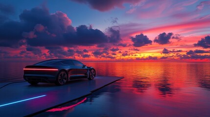 Futuristic Electric Car Charging at Sunset Over Tranquil Ocean Waters