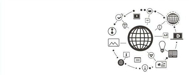 Obraz premium A network of interconnected icons surrounding a globe, symbolizing global communication, technology, and data exchange.