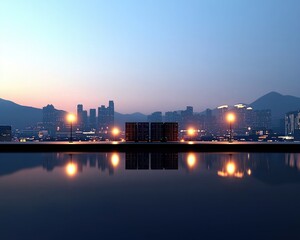 Naklejka premium A serene cityscape at dusk, featuring illuminated buildings reflecting on calm waters with a backdrop of mountains.