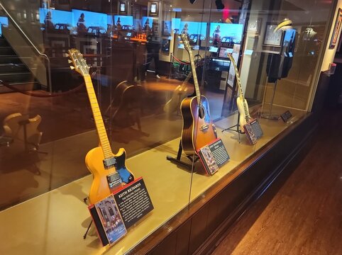 Hard Rock Cafe, Times Square, 1501 Broadway, New York City, NY, offers tantalizing food and drinks and an awe-inspiring collection of music memorabilia from the best world musicians.