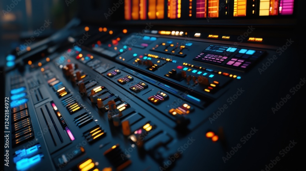 Poster a color-coded production pipeline displayed on a high-tech control panel.