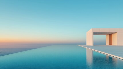Fototapeta premium A serene modern villa overlooks a tranquil infinity pool, blending seamlessly with a clear blue sky at sunset.