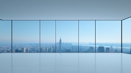 A minimalist interior with expansive glass windows offering a panoramic view of a city skyline featuring iconic skyscrapers under a clear blue sky.