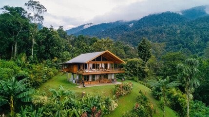 cozy mountain lodge surrounded by lush greenery and panoramic views