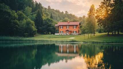 Obraz premium Lakeside house sunset reflection.