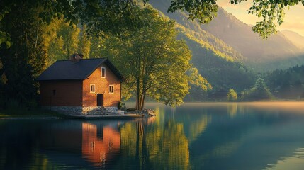 Fototapeta premium Lakeside house at sunrise, mountain view, calm water.