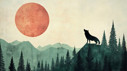 Fototapeta premium Solitary Wolf Howling at Moon with Forest Natural Night Landscape