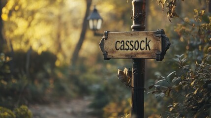 Fototapeta premium Country Pathway Scene with Rustic Cassock Signpost in a Serene Forest Setting Illuminated by Soft Golden Autumn Light and Subtle Background of Fallen Leaves and Lantern