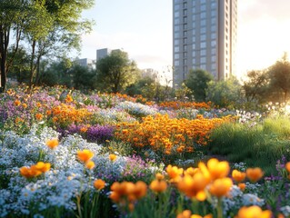 A Vibrant Urban Meadow with Orange Poppies and White Flowers in Full Bloom against a Cityscape Backdrop