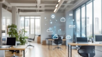 A digital transformation flowchart displayed on an innovative office screen.