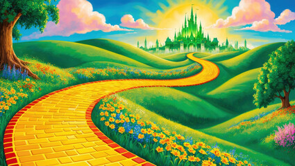 Bright yellow brick road fantasy landscape with colorful wildflowers, blue skies, and cinematic golden lighting. Perfect for book covers, storytelling visuals, or dreamy backgrounds.