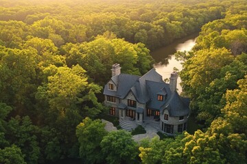 Obraz premium Aerial View of Luxurious Stone Mansion nestled in Lush Green Forest near a River.