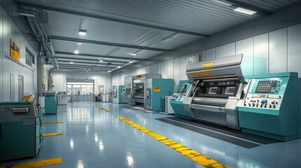 Fototapeta premium A factory setting with automated machinery and digital control panels for efficiency.