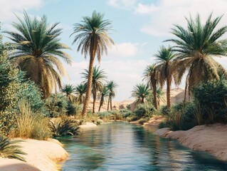 Tranquil oasis with palm trees and a clear stream in a desert landscape under a blue sky