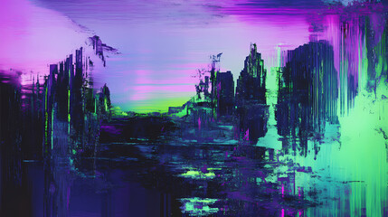 Abstract cityscape with glitch art effect in vibrant purple and green hues creates a futuristic ambiance. Distorted Reality Effects. Illustration