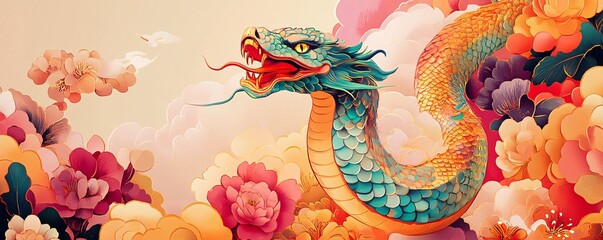 Obraz premium Dragon emerging from a bed of vibrant peonies against a cloudy backdrop