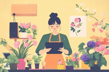 Florist in green t-shirt and brown apron working in a vibrant flower shop with a tablet amid colorful plants and blooms