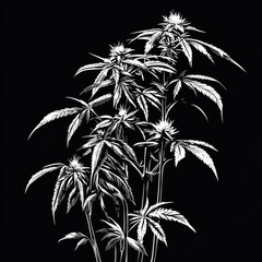 Stylized black and white vector illustration of cannabis plants showcasing their intricate leaf patterns and flowering buds