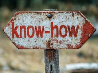 Weathered direction sign with "know-how" in bold red letters on a rustic wooden post, symbolizing expertise and practical knowledge in various fields of interest.