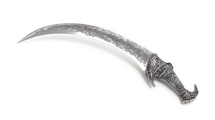 Obraz premium Moonlit Scimitar, a striking 3D illustration showcasing a curved blade bathed in a silver glow, set against a pristine white backdrop, emphasizing its elegant design.