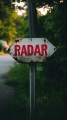 The weathered warning radar sign stands amidst lush greenery along a quiet rural road, illustrating the ongoing balance between safety and tranquility in serene countryside landscapes.